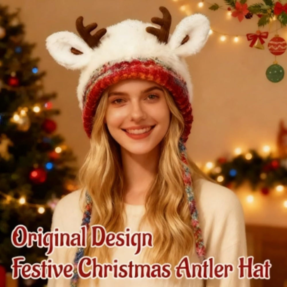 Knit Beanie Hat with Antlers Winter Hat for Women