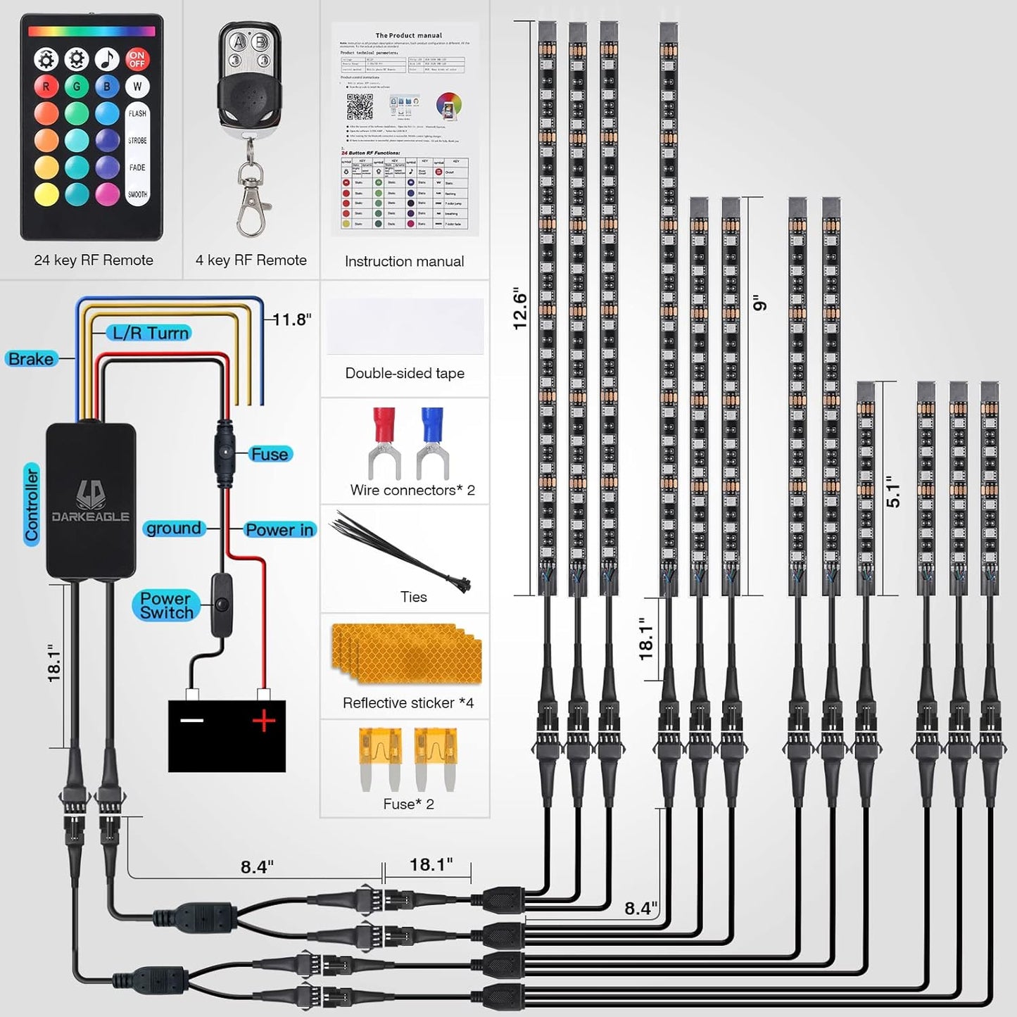 12pcs Motorcycle LED Light Kit Brake Turn Signal Set