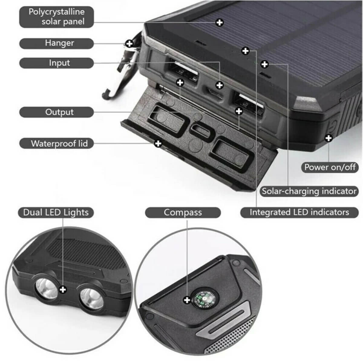 20000mAh Solar Power Bank Waterproof Portable Charger