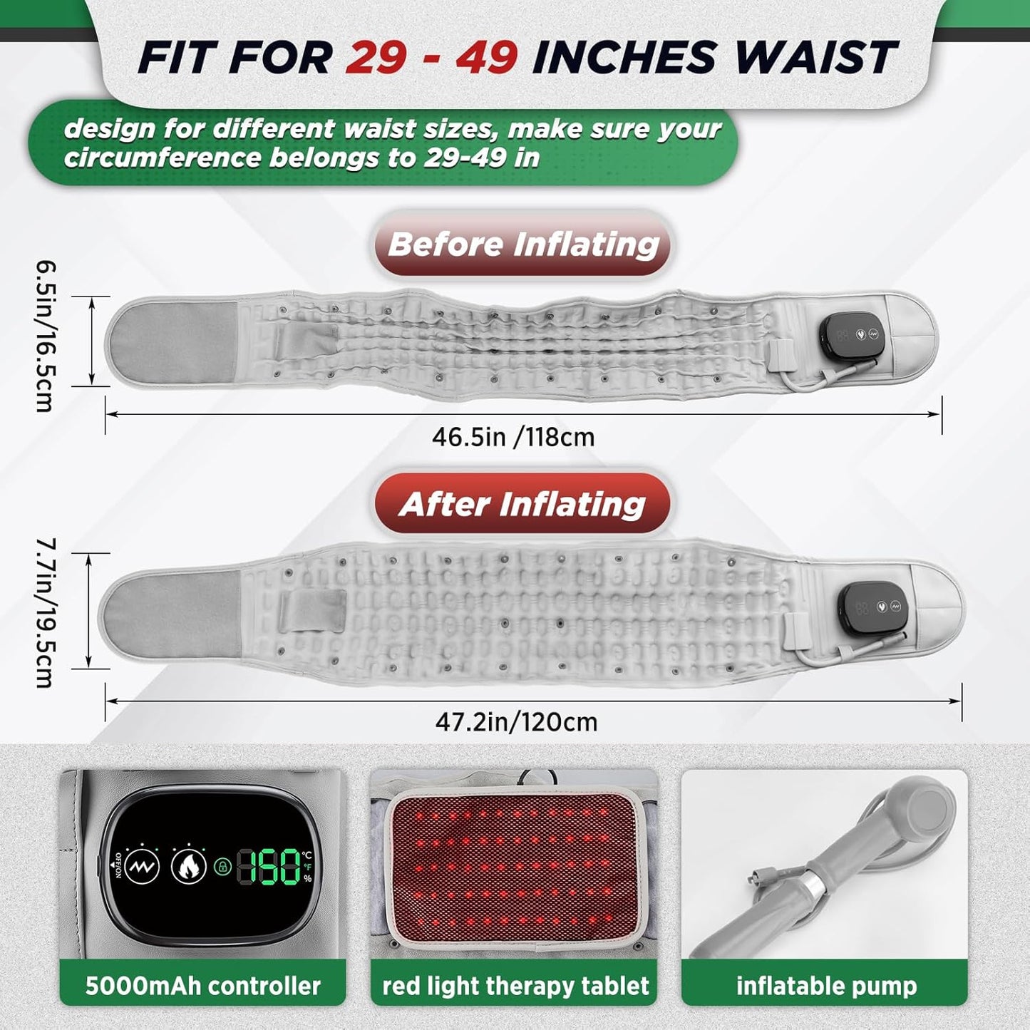 Inflatable Back Support Belt LED Light Therapy Device