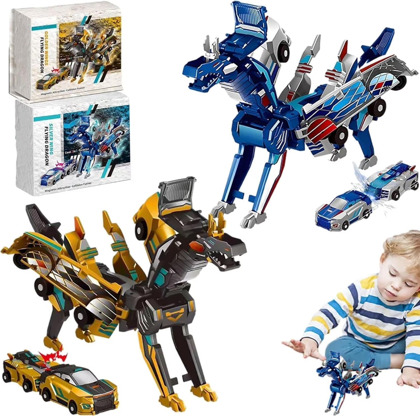 Kids Transformer Car Dinosaur Toy Set Magnetic