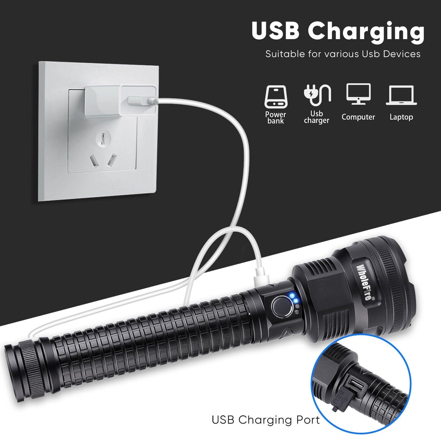 LED Flashlight USB Rechargeable 99000 Lumens XHP90