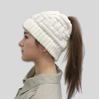 Women's Winter Beanie Hat with Messy Bun Opening