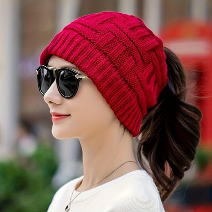 Women's Winter Beanie Hat with Messy Bun Opening