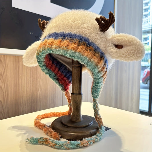 Knit Beanie Hat with Antlers Winter Hat for Women