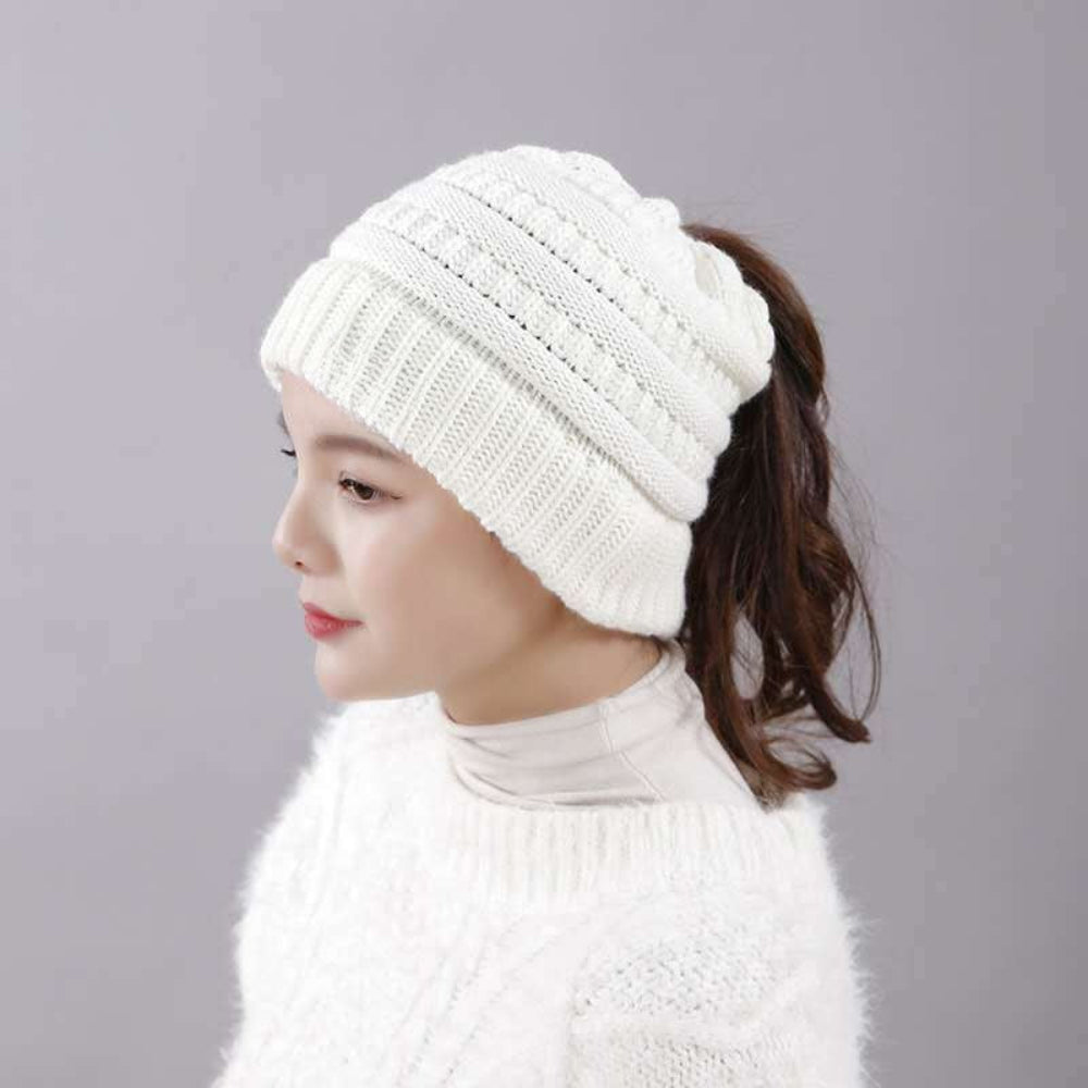 Women's Winter Beanie Hat with Messy Bun Opening