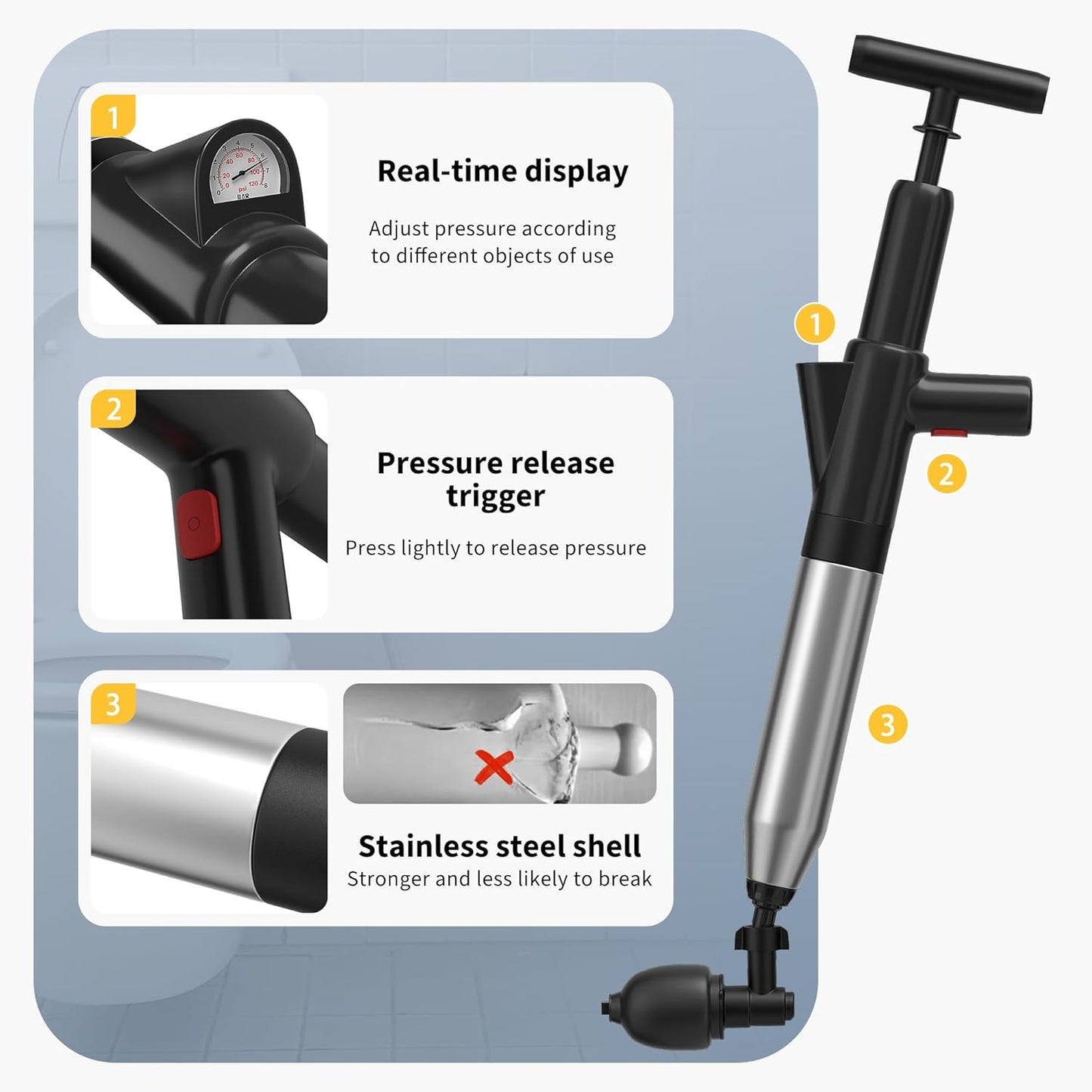 Stainless Steel Toilet Plunger High Pressure Unclogger