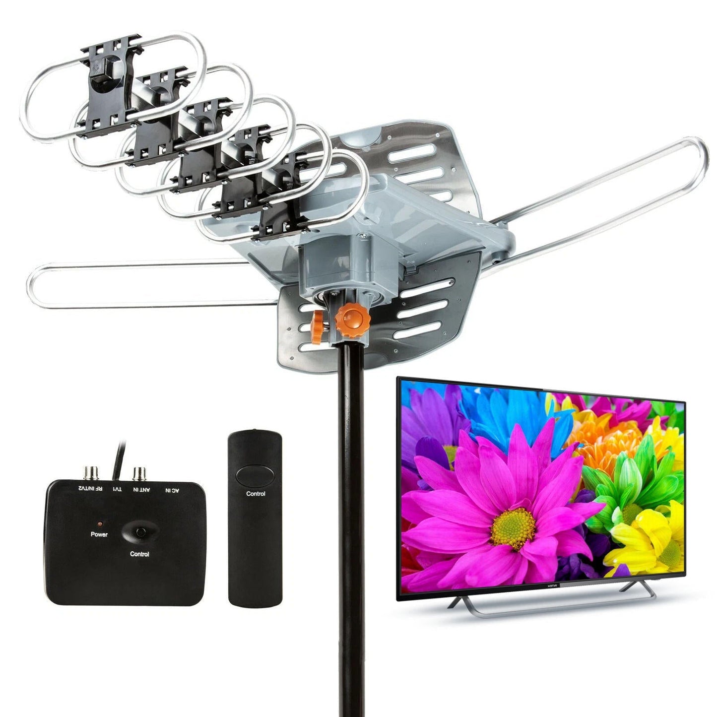 Motorized 360 Degree Long Range HD TV Antenna with Mounting Pole