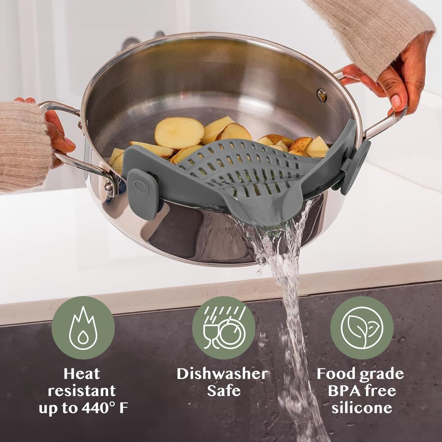 Silicone Clip-On Pasta Strainer Colander for Pots Pans