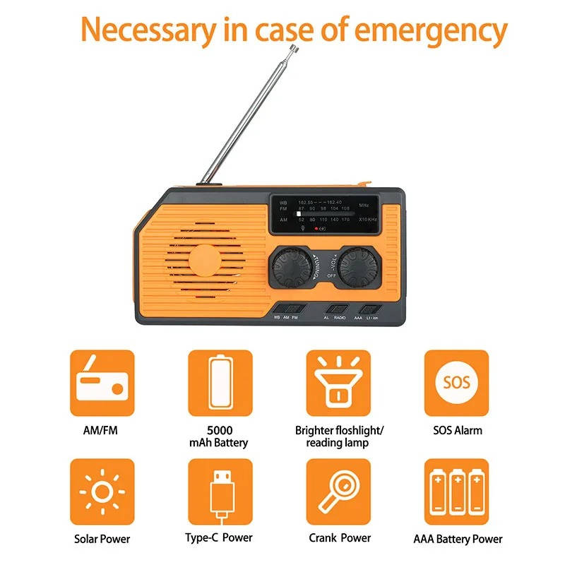 Solar Hand Crank Emergency Radio Flashlight USB Charger
