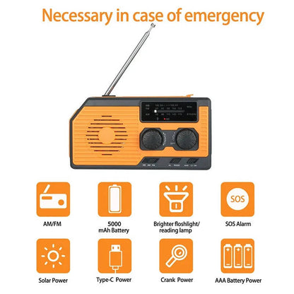 Solar Hand Crank Emergency Radio Flashlight USB Charger