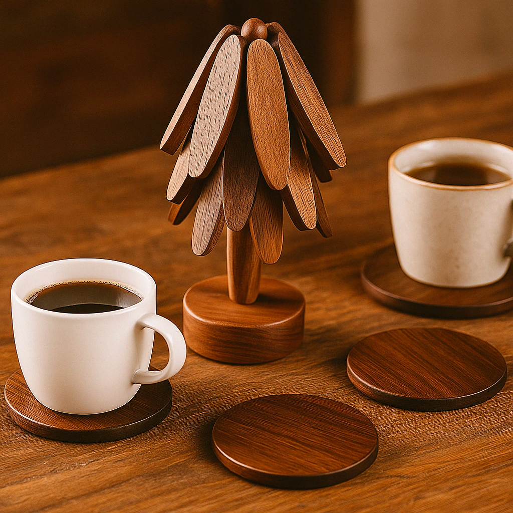Circular Wood Coasters Set Table Accessories